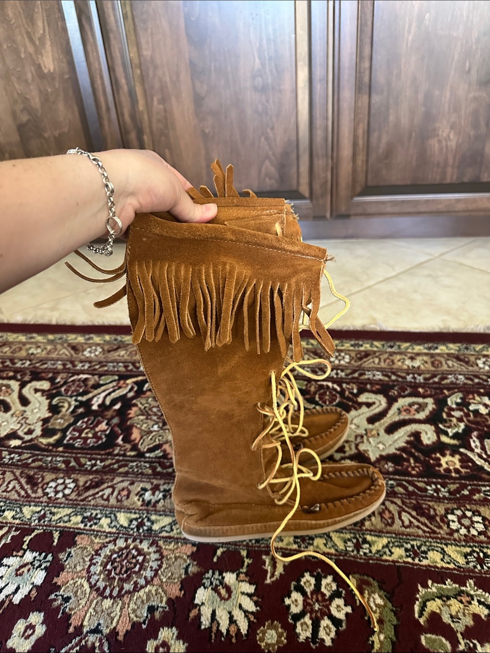 Minnetonka Fringe Suede Knee-High Moccasin Boots - Brown 7